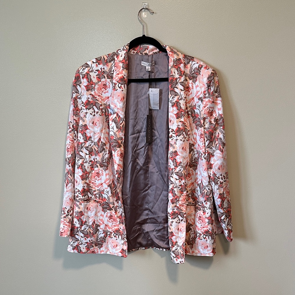 eva mendes for New York & Company Pink and Taupe Floral Open-Front Blazer-14